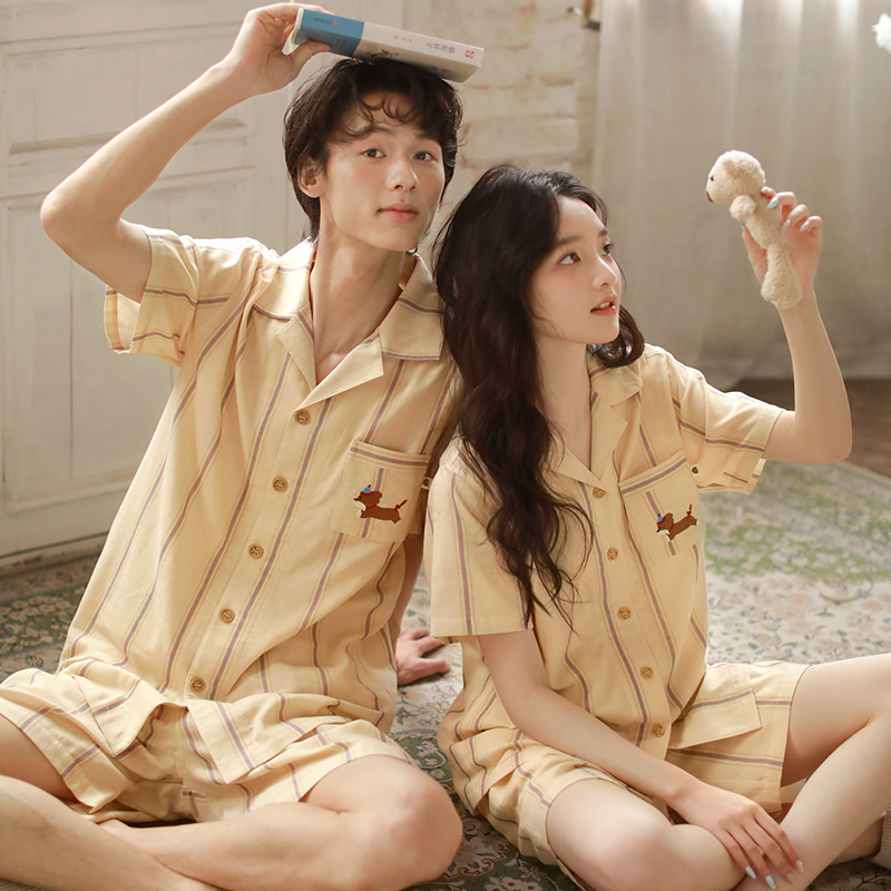 夏季短袖睡衣男款情侣家居服女士全棉纱布可爱卡通条纹可外穿薄款