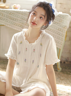 蔓秋甜美风短袖睡衣女夏季白色纯棉纱布花朵刺绣薄款可外穿家居服