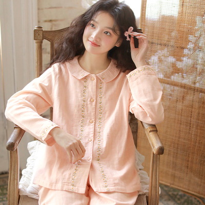 2025新款春夏季纯棉睡衣女款高级感刺绣双层纱棉长袖家居服套装