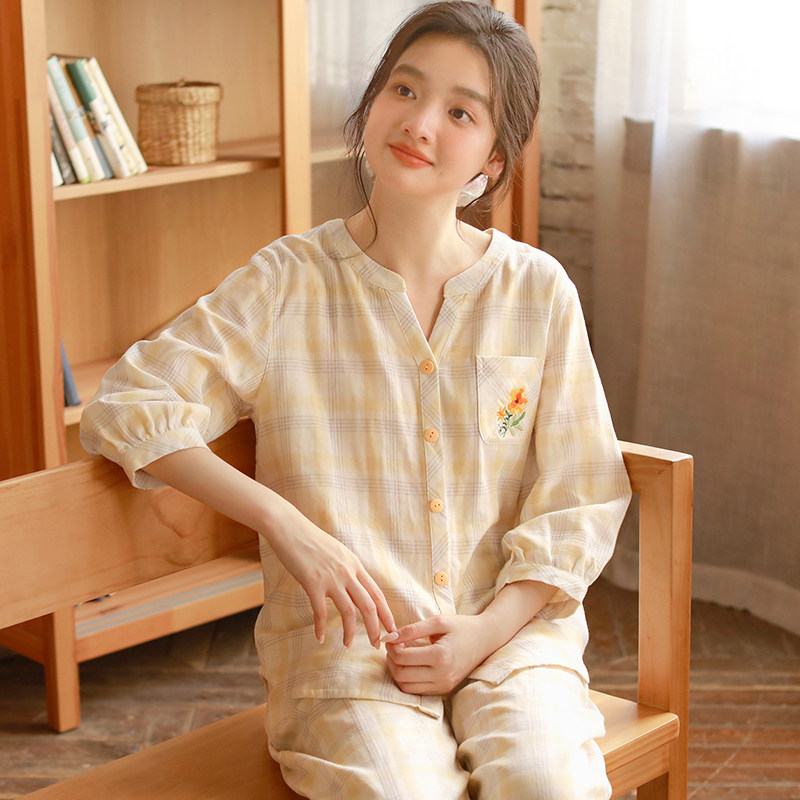 春季新款纯棉睡衣女日系简约双层纱布全棉七分袖长裤家居服可外穿