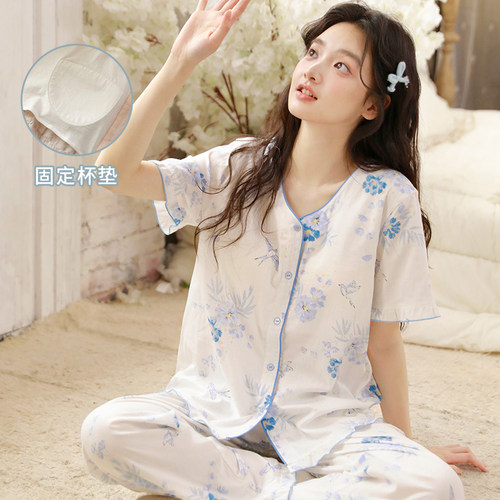 MEJU夏季纯棉胸垫女睡衣套装外穿