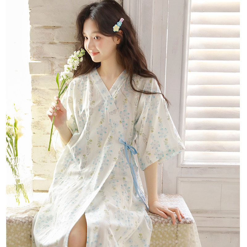 蔓秋甜美碎花系带睡袍女夏季纯棉纱布短袖中长款薄款家居服浴袍