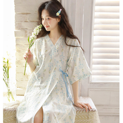 夏季甜美碎花系带薄款睡袍女纯棉