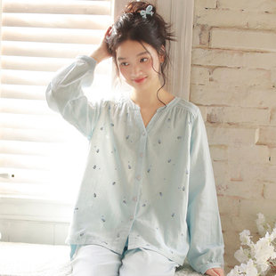 蔓秋甜美风纯棉V领开衫睡衣女春秋长袖刺绣家居服套装宽松不凸点