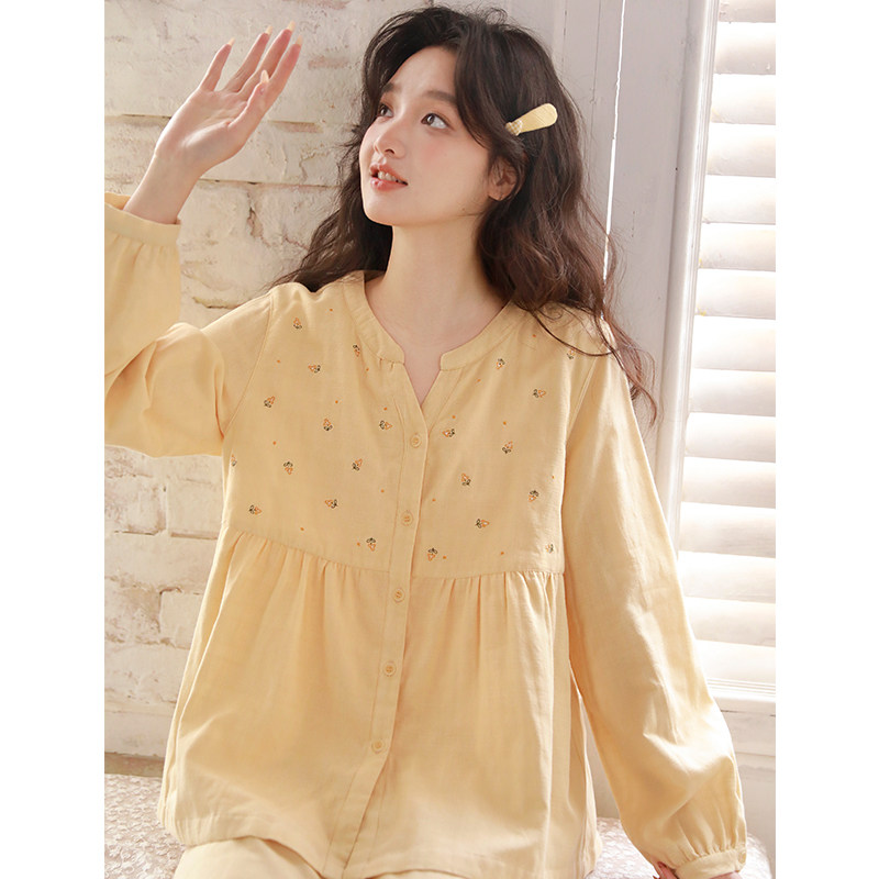 蔓秋高级感防凸点睡衣女纯棉纱春夏季圆领刺绣长袖开衫家居服套装