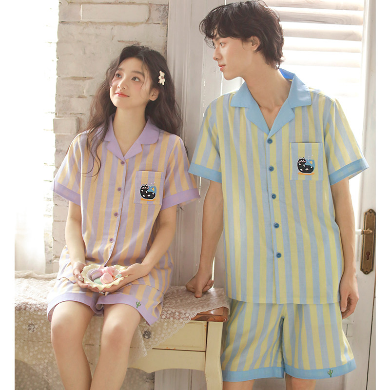 夏季卡通可爱风纱布睡衣套装情侣男女同款青少年短袖可外穿家居服