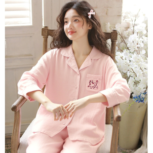 长袖 2026春季 薄款 领睡衣套装 可外穿家居服 女士纯棉卡通猫咪衬衫