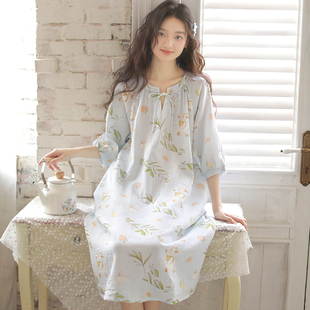 夏季纯棉睡裙女2025新款碎花中袖睡衣裙薄款可外穿空调服连衣裙