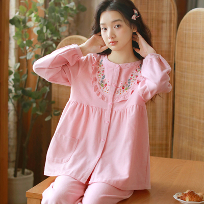 甜美绣花纯棉磨毛睡衣女秋冬季加厚全棉绒布长袖家居服套装高级感