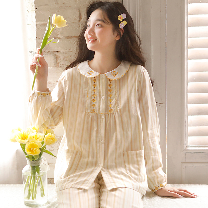 纯棉睡衣女春秋季2025新款娃娃领长袖双层纱布全棉家居服套装外穿