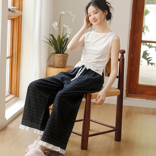 蔓秋波点阔腿裤女夏季睡裤纯棉纱布松紧腰系带宽松休闲家居长裤