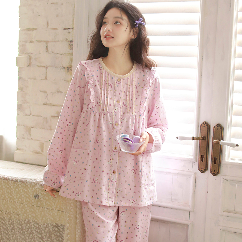 2025新款甜美碎花睡衣女秋季布料100全棉长袖开衫家居服套装外穿