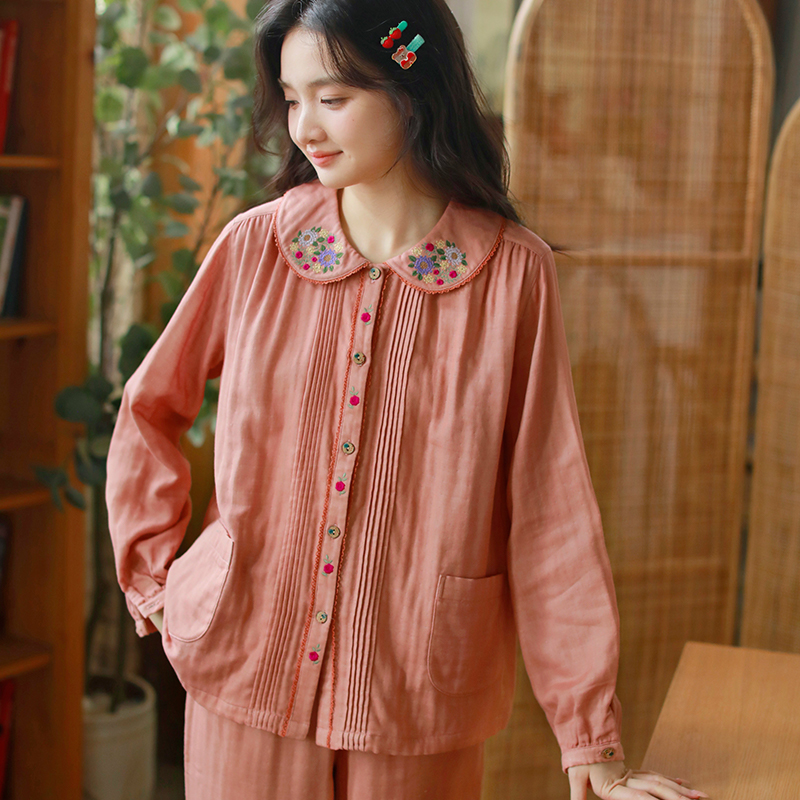 秋季纯棉睡衣女高级绣花100全棉娃娃领长袖家居服套装柔软防凸点