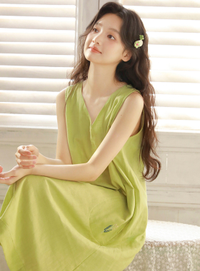 蔓秋甜美V领无袖睡裙女夏季薄款绿色中长款宽松透气家居服可外穿