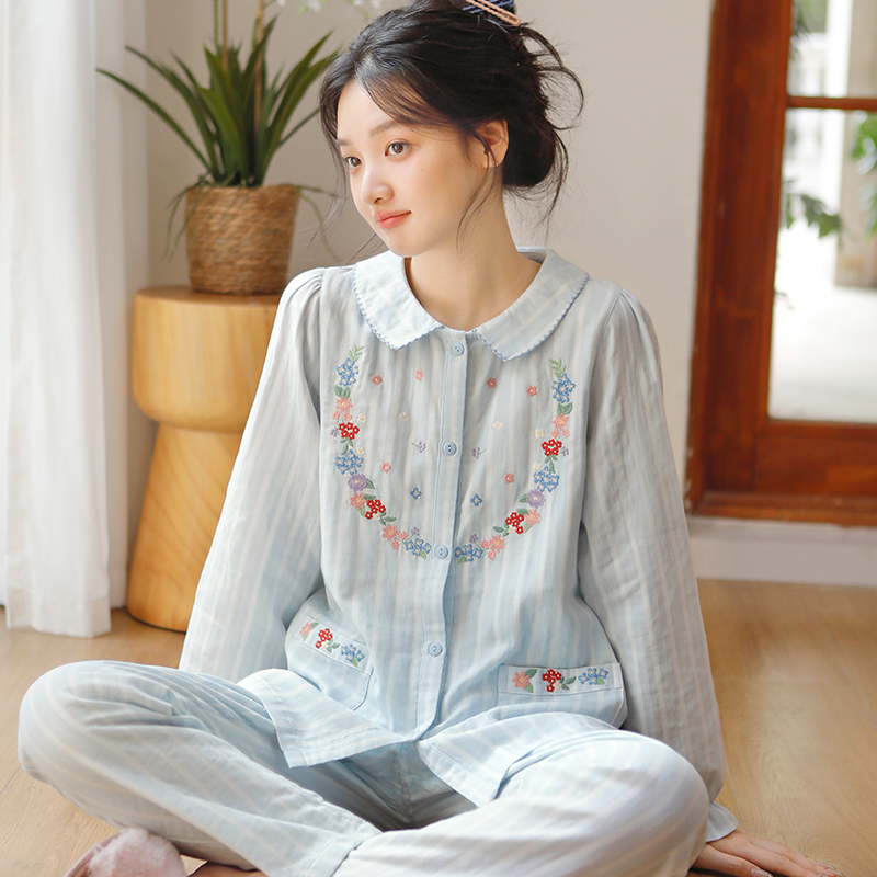 日系春秋网红娃娃领甜美纱布睡衣