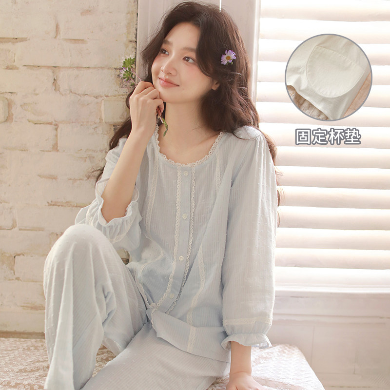 甜美风胸垫纯棉睡衣女春夏薄款七分袖蕾丝花边高级感可外穿家居服