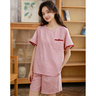 日系休闲女士睡衣夏季纯棉短袖短裤套装韩版套头家居服可外穿夏天