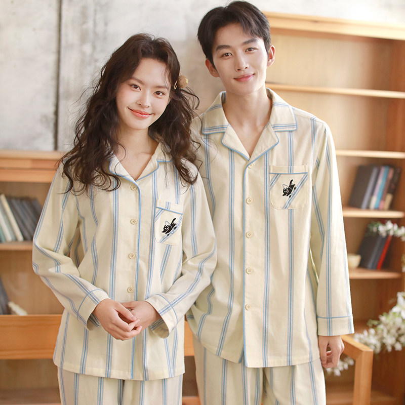 青少年高级感条纹纯棉睡衣情侣装秋冬加厚长袖家居服套装可外穿,女士内衣/男士内衣/家居服,睡衣/家居服套装,淘宝优惠券,粉丝福利购,淘宝优惠卷