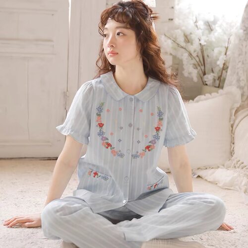 日系刺绣纯棉双层纱女睡衣套装