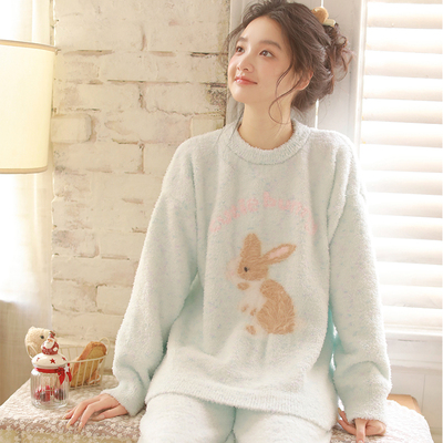 2025新款软绵绵睡衣女秋冬加绒加厚卡通兔子半边绒可外穿家居服