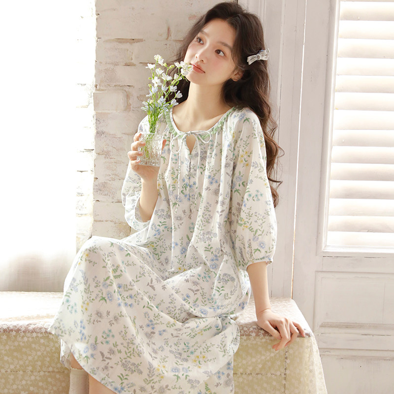 蔓秋甜美风纯棉纱布睡裙女夏季七分袖碎花宽松透气可外穿家居服