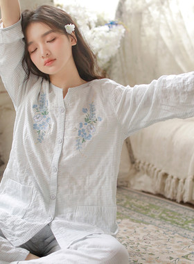 纯棉女款刺绣可外穿睡衣套装