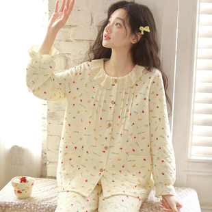 2025甜美空气棉睡衣女款秋冬季加厚三层夹棉印花长袖家居服可外穿