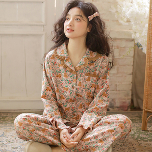 MEJU秋季新款纯棉磨毛睡衣女全棉韩系碎花绒布秋冬长袖家居服套装