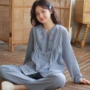 可外穿日系圆领睡衣女秋冬季绣花柔软纯棉双层纱布长袖家居服套装