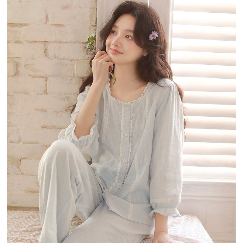 蔓秋甜美风纯棉睡衣女春夏薄款七分袖蕾丝花边高级感可外穿家居服