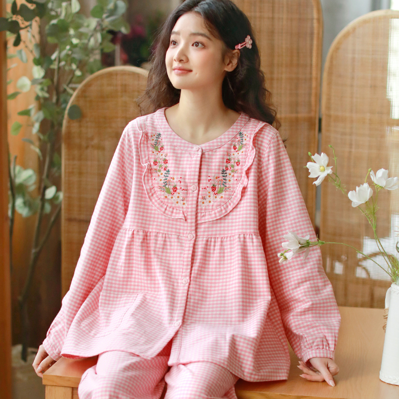 甜美绣花纯棉磨毛睡衣套装女款