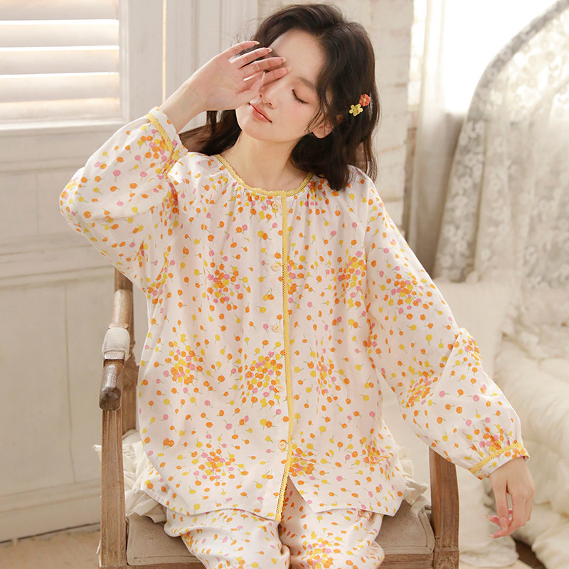 蔓秋甜美风女士全棉睡衣春印花圆领开衫长袖家居服可外穿宽松大码