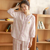 可外穿家居服套装 双层纱纯棉睡衣女全棉格子七分袖 春夏季 2026新款