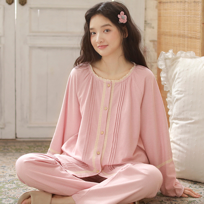 2025新款甜美花边纯棉睡衣女秋冬季全棉磨毛圆领长袖可外穿家居服