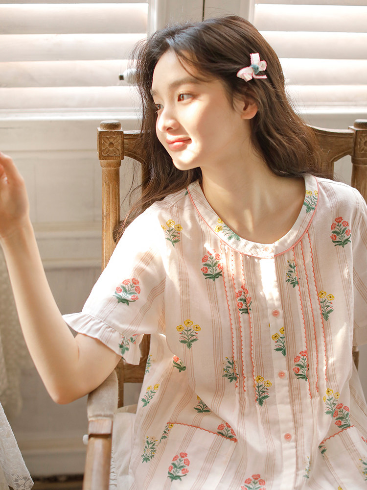 PAJAMAS SUMMER NEW WOMENS COTTON SHORT-SLEEVED CROPPED PANTS FRESH AND SWEET FLORAL LACE SUIT LOOSE LOUNGEWEAR