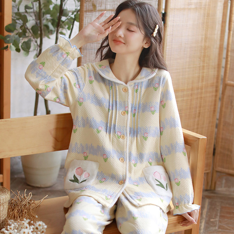 甜美风加厚空气棉睡衣女秋冬季娃娃领长袖刺绣花朵保暖家居服套装