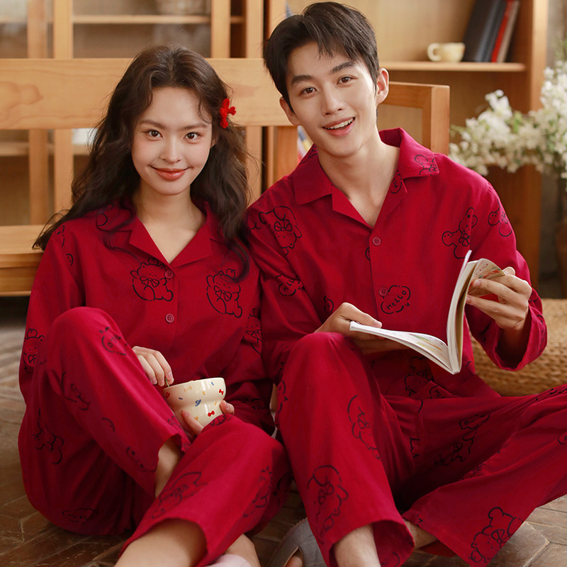 新款红色情侣睡衣男女春秋纯棉纱棉长袖本命年结婚新婚家居服套装,女士内衣/男士内衣/家居服,睡衣/家居服套装,淘宝优惠券,粉丝福利购,淘宝优惠卷