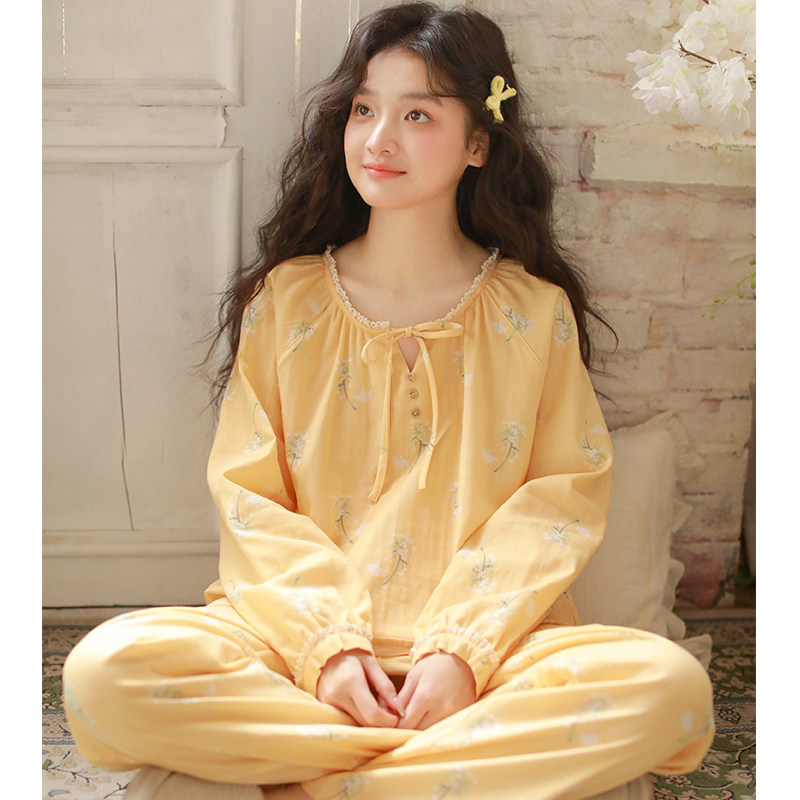 蔓秋多巴胺风纯棉睡衣女春夏圆领套头甜美碎花长袖家居服套装宽松