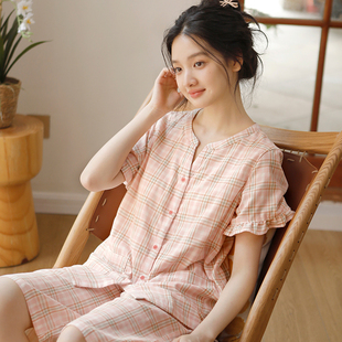 薄款 中裤 带胸垫全棉睡衣女夏季 纯棉纱短袖 可外穿家居服套装 大码