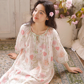 睡裙连衣裙仙女印花可外穿家居服 V领睡衣女纯棉短袖 新款 圆领夏季