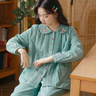 可外穿绣花高级感全棉纱娃娃领家居服套装 春季 纯棉睡衣女2026新款