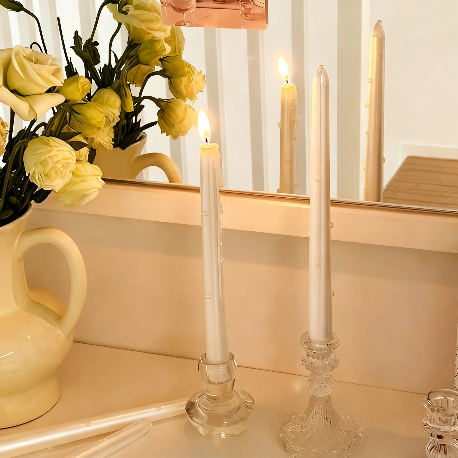 欧式浪漫轻奢长杆珍珠蜡烛餐厅纪念日氛围感桌面摆件水晶玻璃烛台