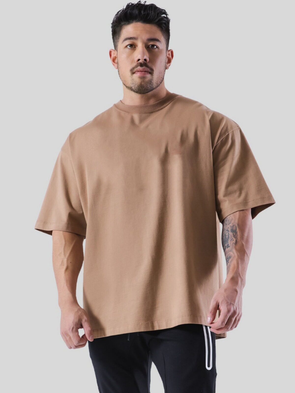 重磅纯棉圆领t恤男士欧美宽松大码纯色健身衣服透气夏季运动短袖