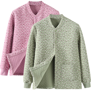 妈妈三层夹棉开衫 睡衣中老年人秋冬居家保暖上衣老太太对襟棉毛衫