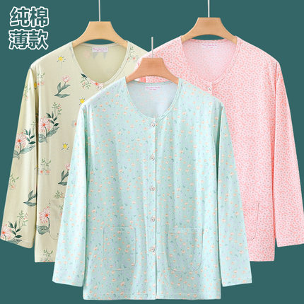 女士纯棉开衫家居服妈妈薄款对襟印花宽松睡衣中老年人加大码汗衫