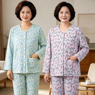 中老年纯棉开衫家居服女士宽松碎花睡衣睡裤老太太对襟长袖空调衫