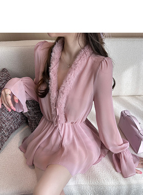 宁芙心心 绒绒细语 两色毛领纯欲雪纺衫原创上衣 橡皮粉/裸肤色