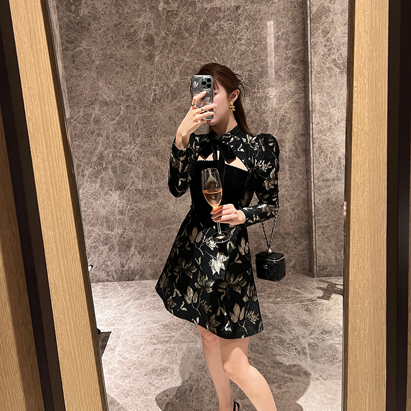 黑金拜占庭刺绣束胸式旗袍连衣裙