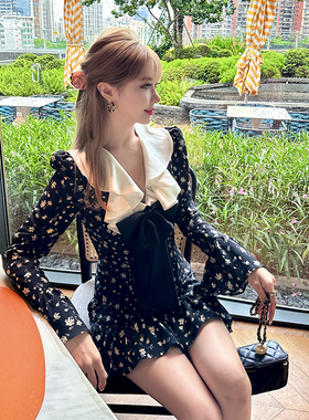 宁芙心心 法式复古 黑色碎花荷叶边 收腰显瘦长袖连衣裙