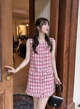 宁芙心心 原创设计 节日氛围粉红泡泡粗花呢珍珠扣娃娃背心裙